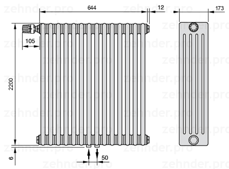 Схема (чертеж) Радиатор Zehnder Charleston 5220/14 №V007 Белый глянцевый RAL 9016